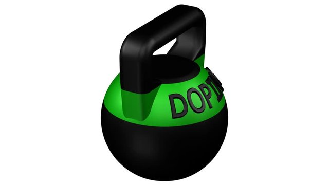 Concept: Sports doping. Kettlebell with word doping turn around. Loopable. Alpha channel. 3D rendering.