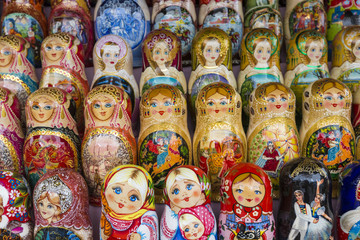 Very large selection of matryoshkas Russian souvenirs at the gift shop in Moscow