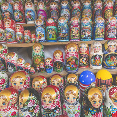 Very large selection of matryoshkas Russian souvenirs at the gift shop in Moscow