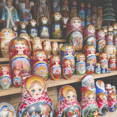 Very large selection of matryoshkas Russian souvenirs at the gift shop in Moscow
