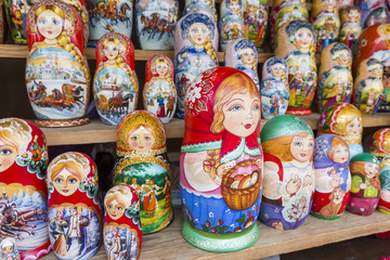 Very large selection of matryoshkas Russian souvenirs at the gift shop in Moscow