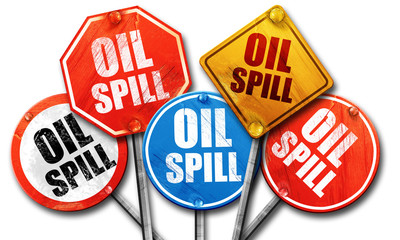 oil spill, 3D rendering, street signs