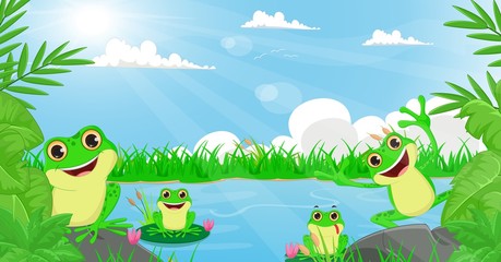 illustration of many frog playing in the river