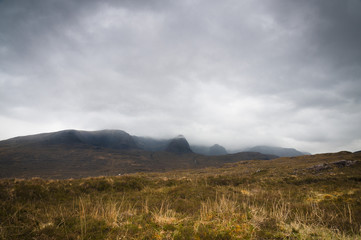 Scotland. Wester-ross. May 2016. Mist and heavy cloud shrouding the tops of Beinn Bhan in Glen Kishorn, Wester-Ross, in the Scottish Highlands.