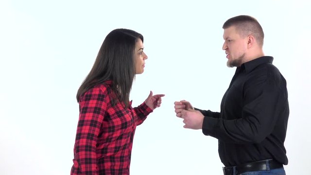 Couple find out the relationship on white background. Slow motion