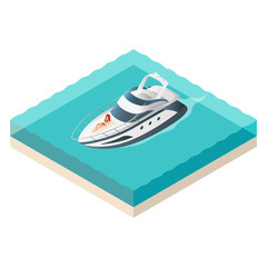 Vector illustration of isometric yacht and beautiful woman  