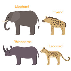 Vector illustration of animals: elephant, hyena, rhinoceros 