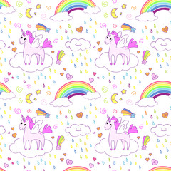 Seamless pattern with bright cute unicorns and rainbows. 