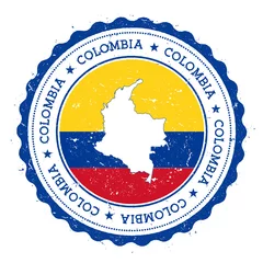 Fototapeten Colombia map and flag in vintage rubber stamp of state colours. Grungy travel stamp with map and flag of Colombia. Country map and flag vector illustration. © Begin Again