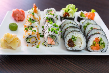 Sushi set with chopsticks on the plate