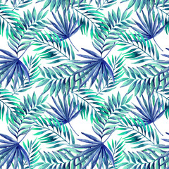 Naklejka na ściany i meble Watercolor tropical leaves seamless pattern