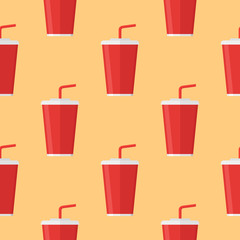 Seamless pattern with soda takeaway on orange background. Vector texture.
