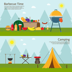 Fruit, wine, barbecue, picnic grill, watermelon on the grass. Summer picnic on meadow under umbrella. Picnic vector set.