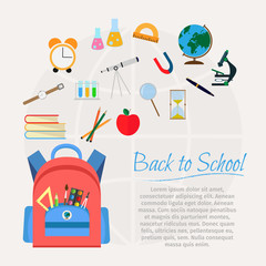 Vector illustration of school bag with education objects background