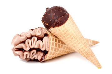 two cones of ice creams with chocolate isolated white background