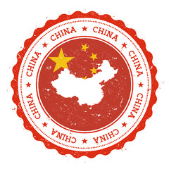 China map and flag in vintage rubber stamp of state colours. Grungy travel stamp with map and flag of China. Country map and flag vector illustration.