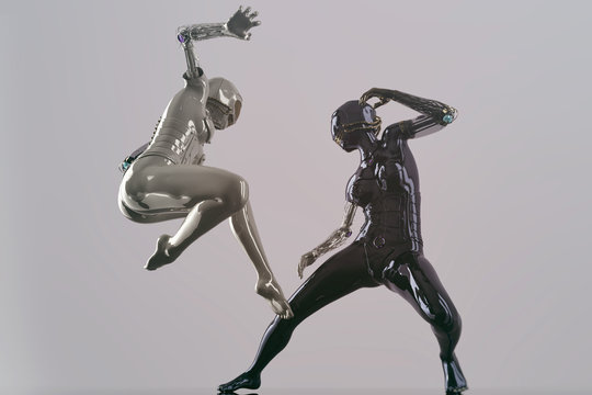 futuristic female cyborgs fight - 3d rendering
