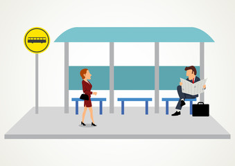 Woman and man waiting at the bus stop