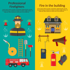 Vector flat illustration of firefighting character and infographic, axe, hook and hydrant, helicopter, hose, fire station, engine, alarm, extinguisher.