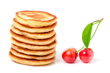 Hill pancakes with cherry isolated on white background