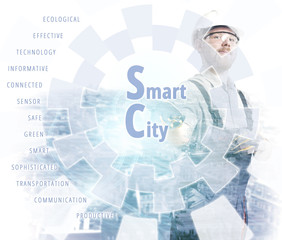 Engineer Pointing Smart City Screen Headline and Keywords