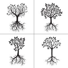 Shape of Trees, Roots and Leafs. Vector Illustration.