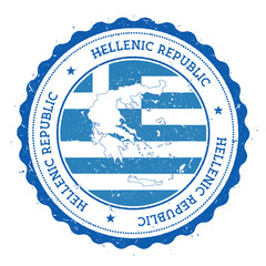 Greece map and flag in vintage rubber stamp of state colours. Grungy travel stamp with map and flag of Greece. Country map and flag vector illustration.