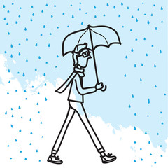 Man under umbrella under rain. Raining Doodle. Vector illustration