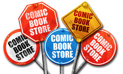 comic book store, 3D rendering, street signs