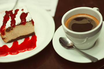 Tasty morning, la dolce vita concept. White cup of americano coffee