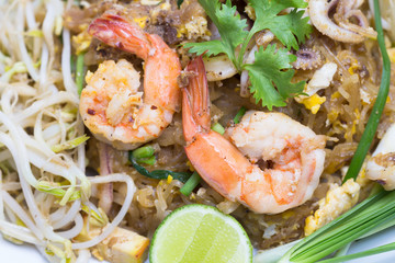 Seafood pad Thai dish of fried rice noodles