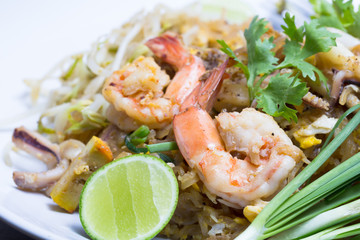 Seafood pad Thai dish of fried rice noodles