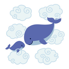 Cute cartoon whales - mother and baby in clouds.