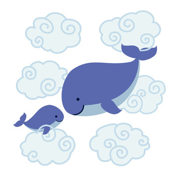 Cute cartoon whales - mother and baby in clouds.