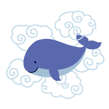 Cute cartoon whale in clouds isolated on white background.