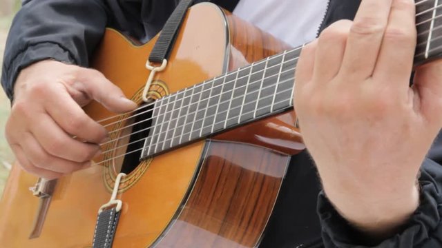 Close up of guitarist hand playing acoustic guitar
