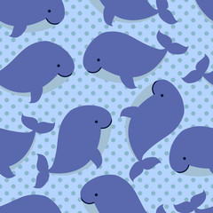 Seamless pattern with cute cartoon whales shoal on blue background.