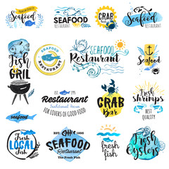 Set of hand drawn watercolor labels and badges of seafood. Vector illustrations for graphic and web design, for restaurant, menu, market.