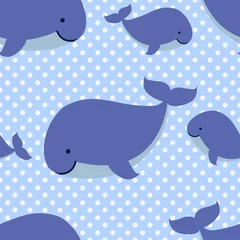 Fotobehang Walvis Naadloze patroon met schattige cartoon walvissen op blauwe gestippelde achtergrond.