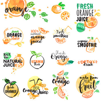 Set of hand drawn watercolor labels and signs of orange juice and smoothies. Vector illustrations for graphic and web design, for restaurant and bar, menu.