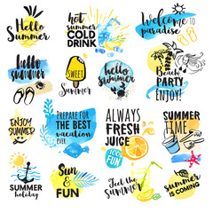 Set of hand drawn watercolor summer signs. Vector illustrations for summer holiday, travel agency, restaurant and bar, menu, sea and sun, beach vacation and party.