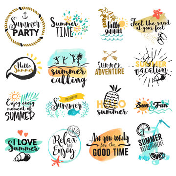 Set of hand drawn watercolor summer signs and banners. Vector illustrations for summer holiday, travel agency, restaurant and bar, menu, sea and sun, beach vacation and party.