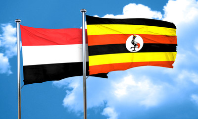 Yemen flag with Uganda flag, 3D rendering