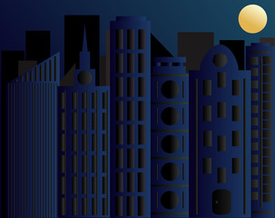 Abstract vector silhouette of the city at night with moon on the dark blue background