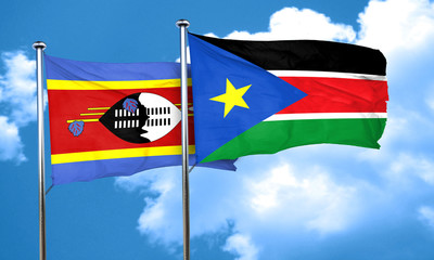 Swaziland flag with South Sudan flag, 3D rendering