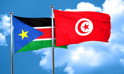 south sudan flag with Tunisia flag, 3D rendering