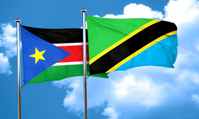 south sudan flag with Tanzania flag, 3D rendering