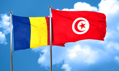 Romania flag with Tunisia flag, 3D rendering