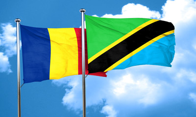 Romania flag with Tanzania flag, 3D rendering
