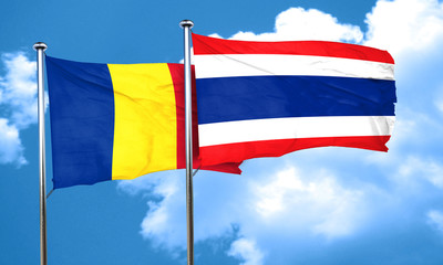 Romania flag with Thailand flag, 3D rendering